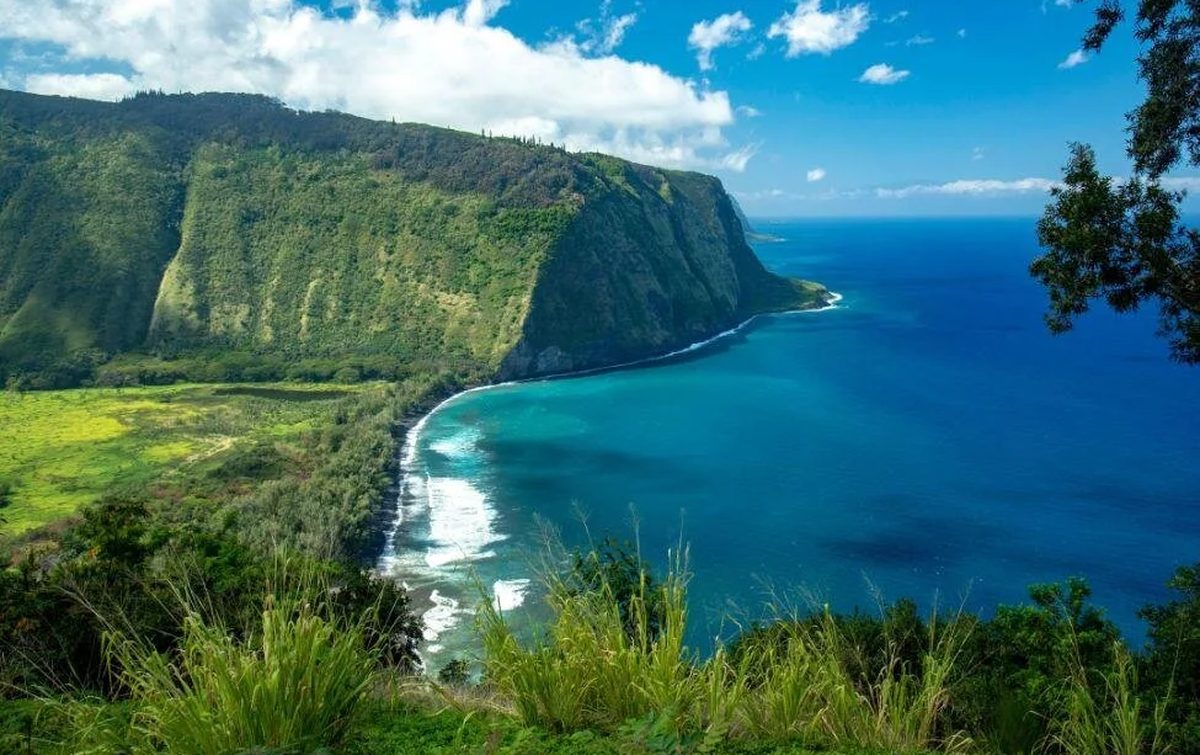 Placeholder photo (real gallery photos TBD) — Waipiʻo Valley overlook with sea cliffs and turquoise Pacific waters, Big Island.
