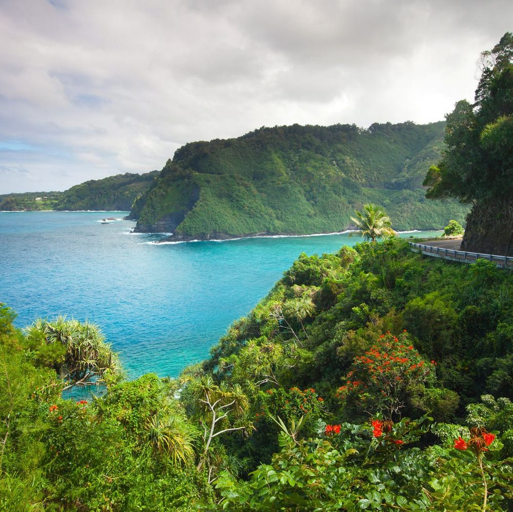 Placeholder photo (real gallery photos TBD) — aerial view of the winding Road to Hana along Maui's lush coastline with turquoise water below.