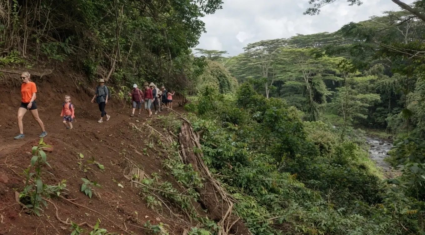 A small group hiking a jungle trail above a stream on Kipu Ranch, guided by a local guide.