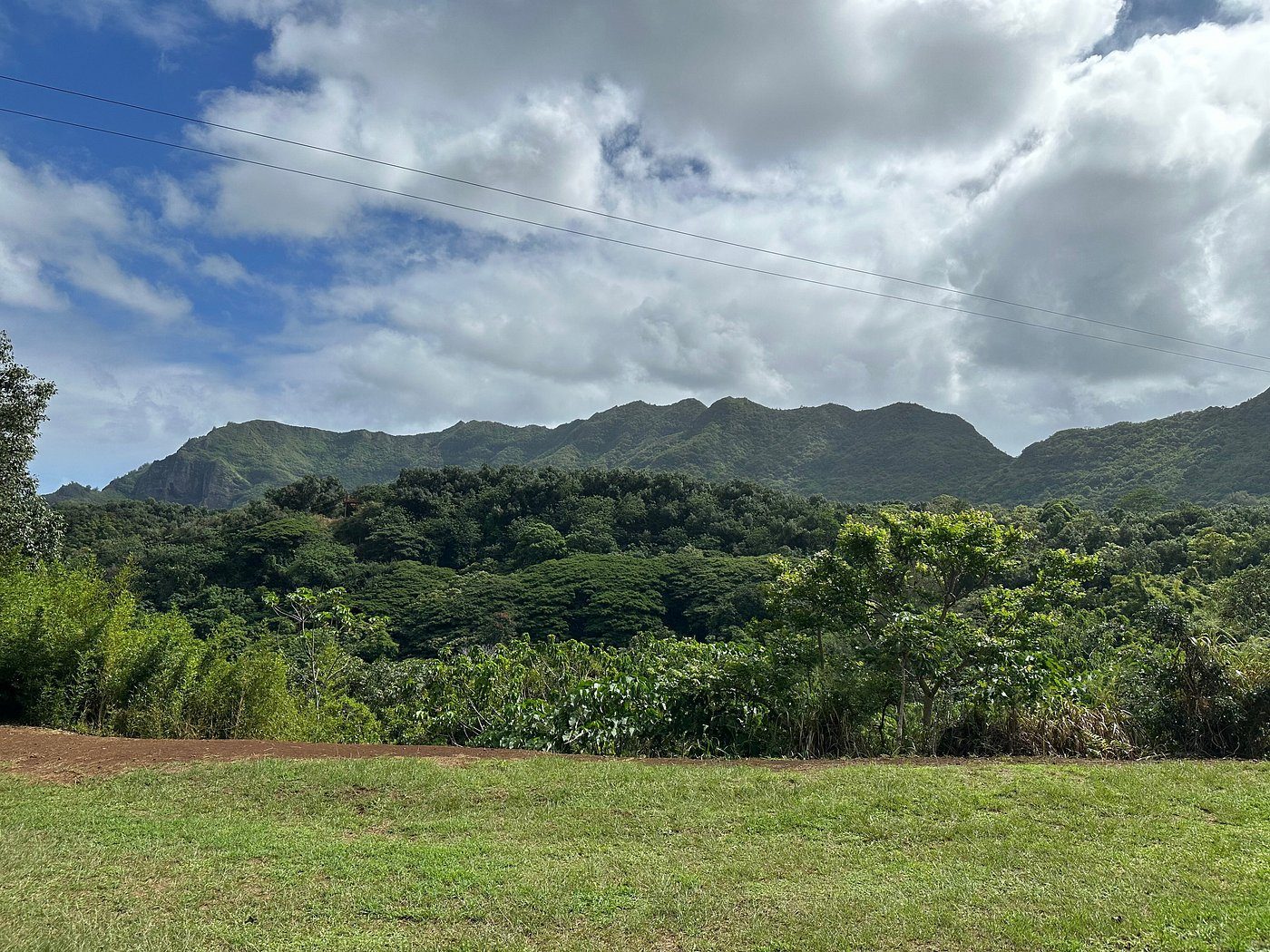 View of the Haʻupu Mountain Range rising above the jungle at Kipu Ranch on a partly cloudy day.