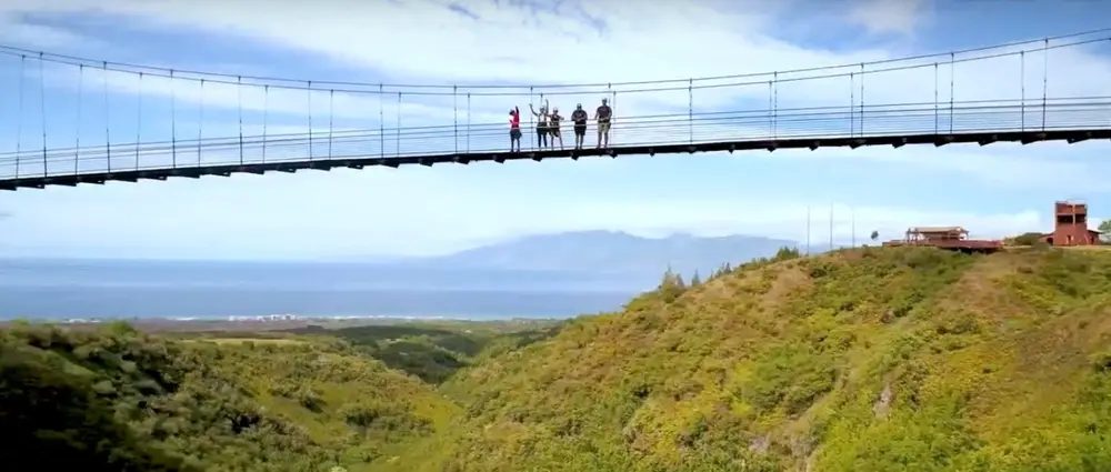 Guests wave from a swaying suspension bridge high above a green Kapalua valley, with the Maui coastline and ocean stretching out behind them.